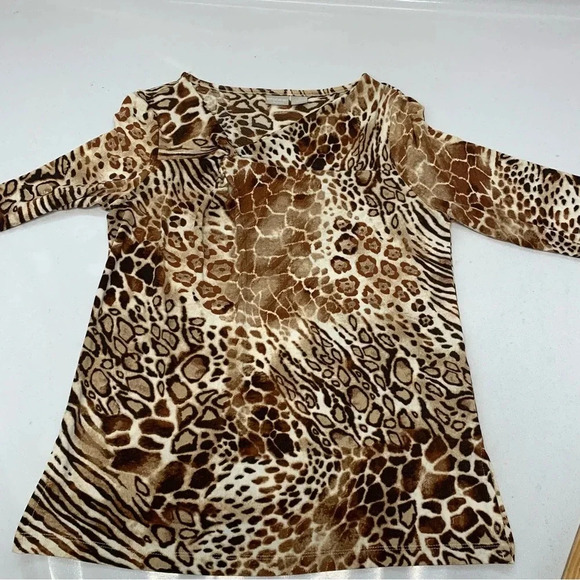 Chicos Travelers 0 Top Woman Small  Slinky Knit Brown Animal Print 3/4 Sleeve - Picture 7 of 11